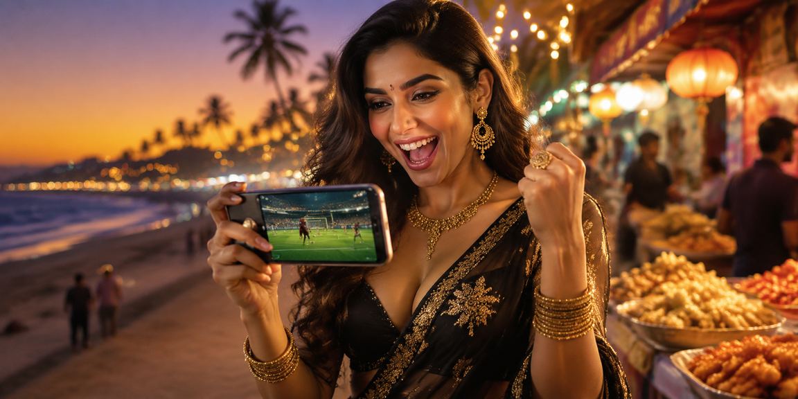 Indian player enjoying mobile casino on a beach